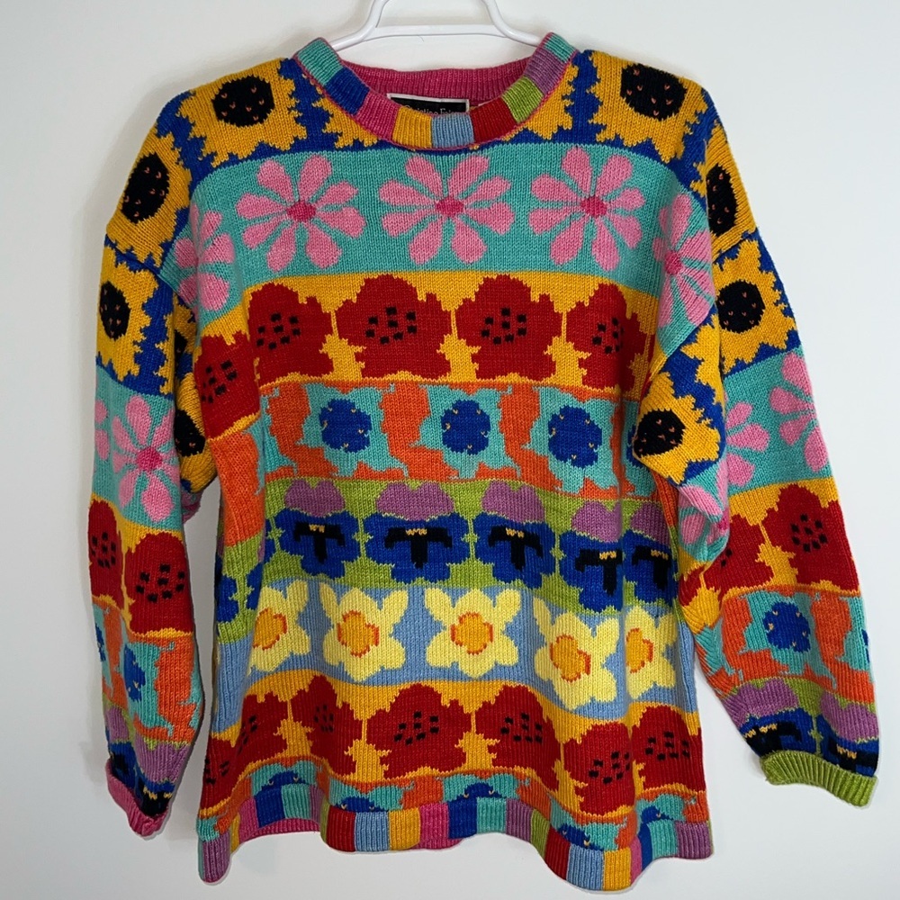 Vintage Multicolor Floral Knit Sweater - Yellow, Pink, Red, Blue, Green